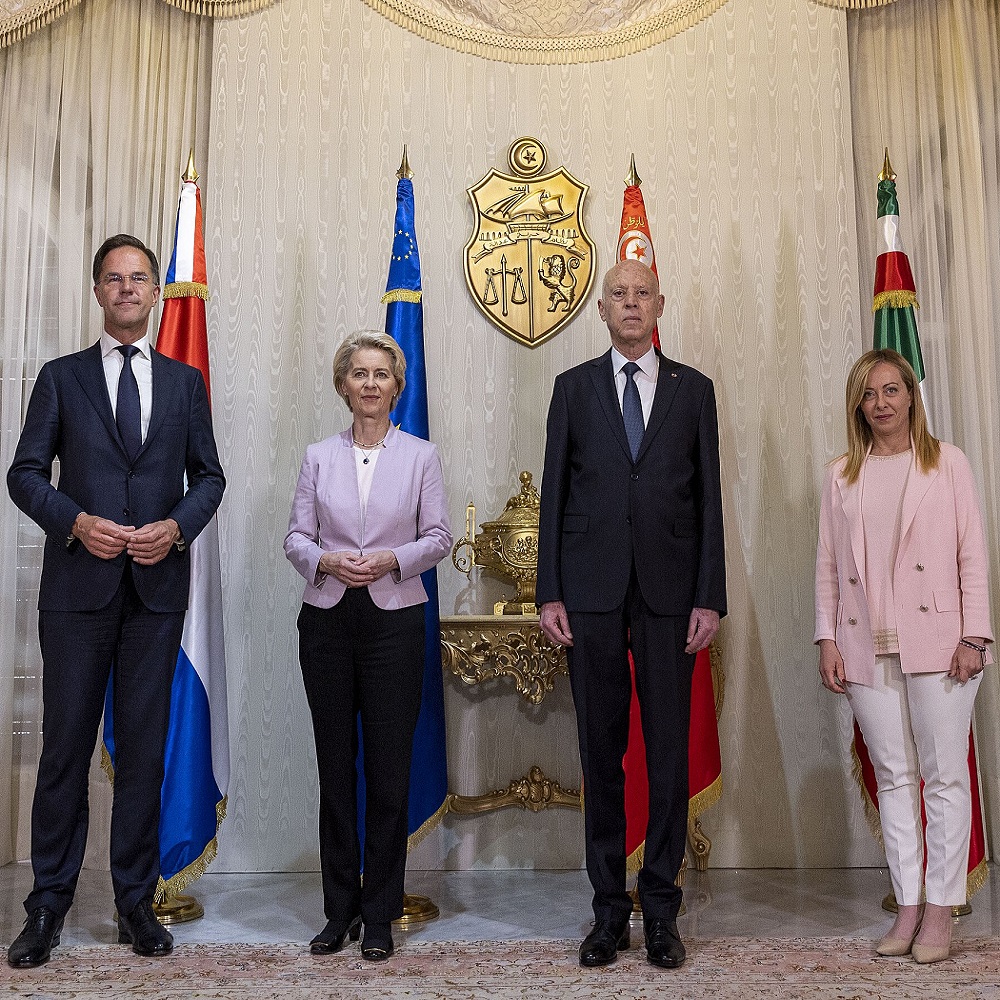 European Commission President Ursula von der Leyen during a visit to Tunisia hosted by President Kais Saied along with Dutch Prime Minister Mark Rutte and Italian Prime Minister Giorgia Meloni